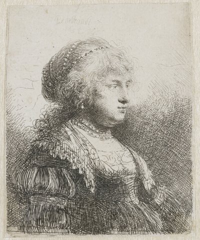 Saskia met parels in haar haar door Rembrandt van Rijn