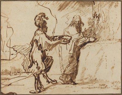 Satan Verleidt Christus om Stenen in Brood te Veranderen door Rembrandt van Rijn