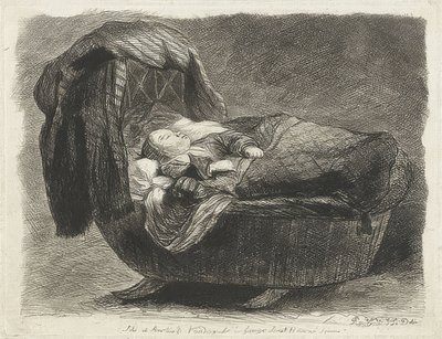 Slapend kind in een wieg door Rembrandt van Rijn