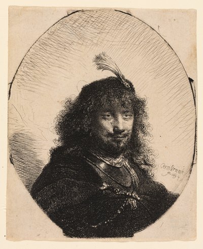 Zelfportret (?) met gevederde hoed en neergelaten sabel door Rembrandt van Rijn