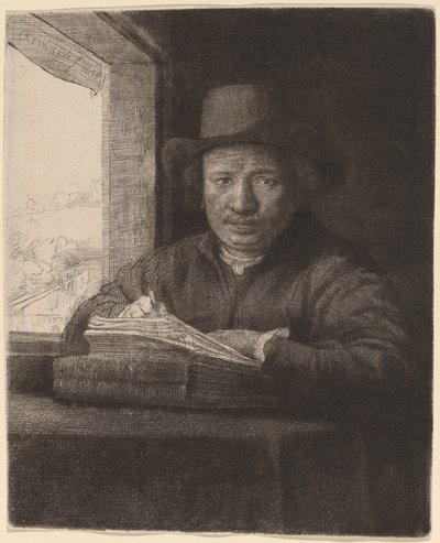 Zelfportret tekenen bij een raam door Rembrandt van Rijn