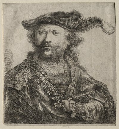 Zelfportret in fluwelen muts met pluim, 1638 door Rembrandt van Rijn