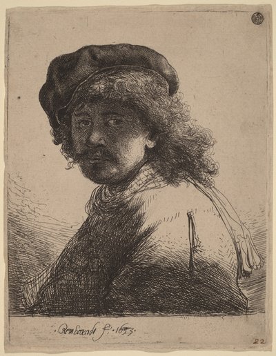 Zelfportret met pet en sjaal, met een donker gezicht door Rembrandt van Rijn