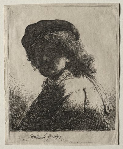 Zelfportret met een muts en sjaal met donker gezicht: Buste door Rembrandt van Rijn