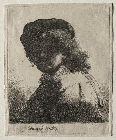 Zelfportret met een pet en sjaal met donker gezicht: Buste door Rembrandt van Rijn