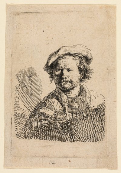 Zelfportret met een platte pet en geborduurde jurk door Rembrandt van Rijn