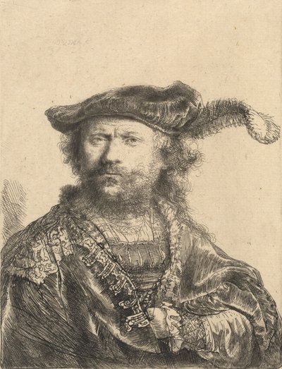 Zelfportret in een fluwelen muts met pluim, 1638 door Rembrandt van Rijn