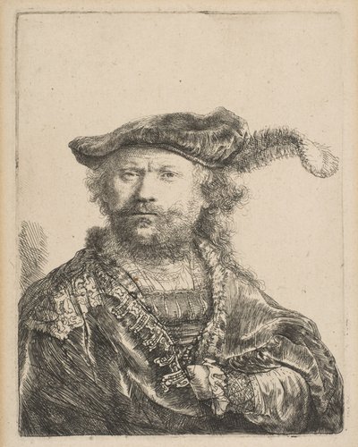Zelfportret in een fluwelen muts met pluim, 1638 door Rembrandt van Rijn