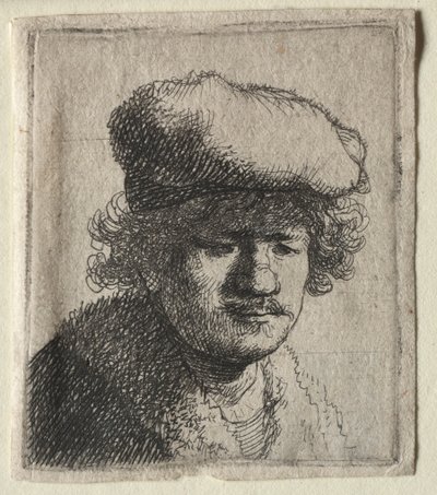 Zelfportret met naar voren getrokken pet, ca. 1631 door Rembrandt van Rijn