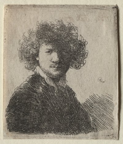 Zelfportret met krullend haar en witte kraag: Buste door Rembrandt van Rijn