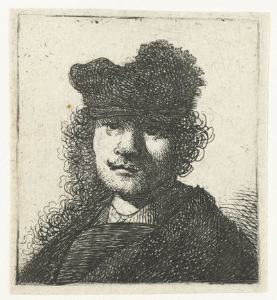 Zelfportret met een pet en donkere mantel: buste door Rembrandt van Rijn
