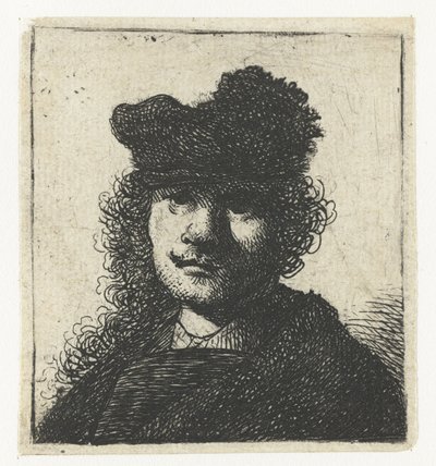 Zelfportret met een pet en donkere mantel: buste door Rembrandt van Rijn