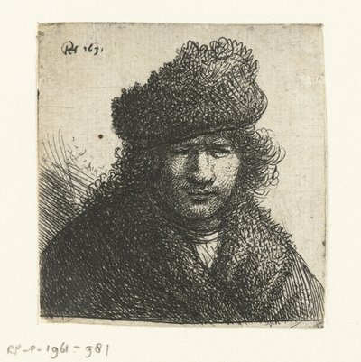 Zelfportret in een schuine bontmuts: buste door Rembrandt van Rijn