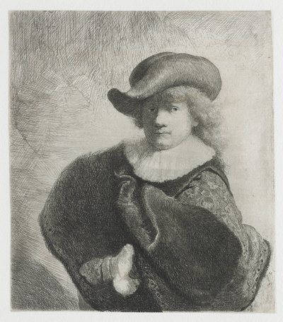 Zelfportret met een zachte hoed en een patroonmantel door Rembrandt van Rijn
