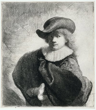 Zelfportret met een zachte hoed en geborduurde mantel, 1631 door Rembrandt van Rijn
