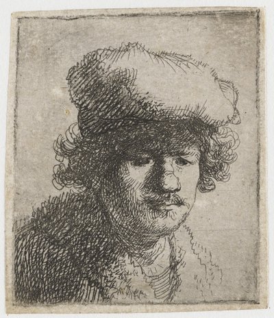 Zelfportret met Pet naar Voren Getrokken door Rembrandt van Rijn