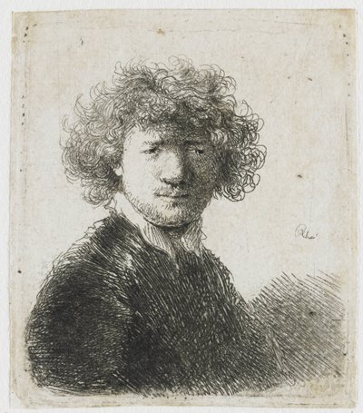 Zelfportret met krullend haar en witte kraag: buste door Rembrandt van Rijn