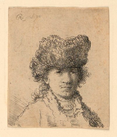 Zelfportret in een bontmuts: Buste door Rembrandt van Rijn