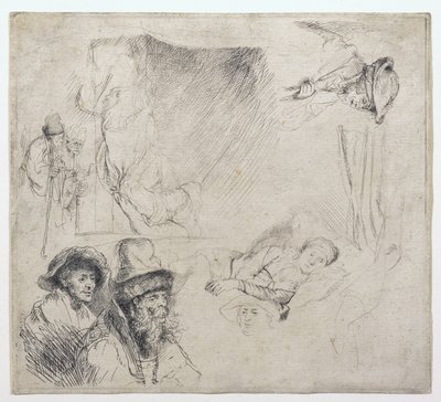 Blad met studies (met een vrouw ziek in bed) door Rembrandt van Rijn
