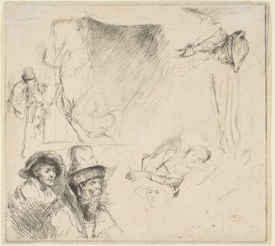 Blad met studies van een zieke vrouw in bed, enz., ca. 1641-42 door Rembrandt van Rijn