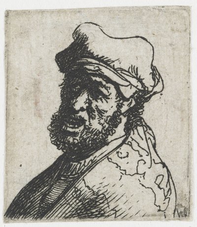 Blad met studies van mannenhoofden: schreeuwende man, driekwart profiel naar links: buste door Rembrandt van Rijn