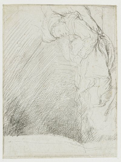 Plaat met studies, waarop een vrouw ziek in bed ligt door Rembrandt van Rijn