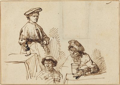 Schetsen uit een taverne: vrouw staand en twee mannen zittend door Rembrandt van Rijn