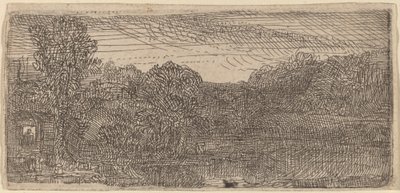 Klein grijs landschap: een huis en bomen naast een vijver door Rembrandt van Rijn