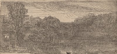 Klein grijs landschap: een huis en bomen naast een vijver door Rembrandt van Rijn
