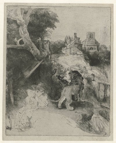 St. Hiëronymus lezend in een Italiaans landschap door Rembrandt van Rijn
