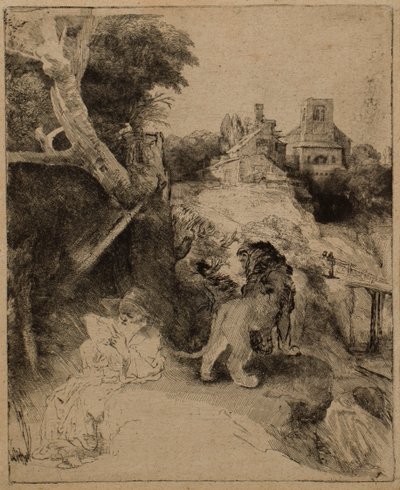 St. Hiëronymus lezend in een Italiaans landschap door Rembrandt van Rijn