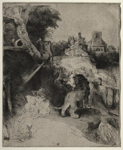 St. Hiëronymus lezend in een Italiaans landschap, ca. 1653 door Rembrandt van Rijn