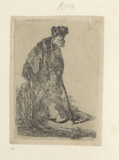 Staande man met een lange mantel en bontmuts door Rembrandt van Rijn