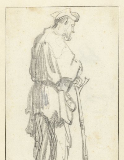 Staande man met een stok, naar rechts gericht door Rembrandt van Rijn