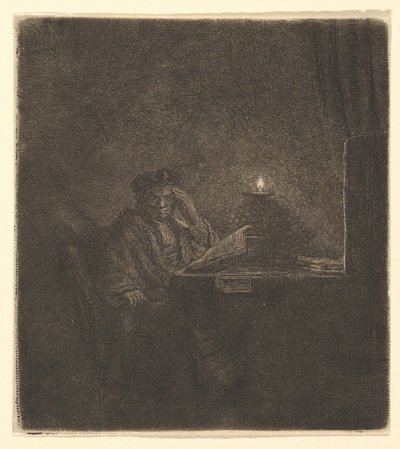 Student aan een tafel bij kaarslicht, ca. 1642 door Rembrandt van Rijn