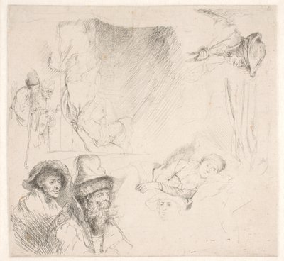 Studieblad, o.a. met een bedlegerige vrouw door Rembrandt van Rijn