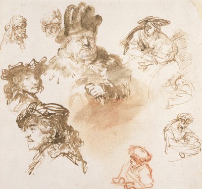 Studies van oude mannenhoofden en drie vrouwen met kinderen, ca. 1635-36 door Rembrandt van Rijn
