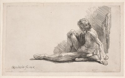 Naaktstudie: man zittend op de grond met één been gestrekt door Rembrandt van Rijn