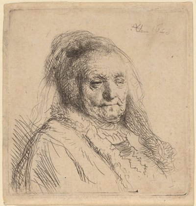 Het hoofd en de buste van de moeder van de kunstenaar door Rembrandt van Rijn
