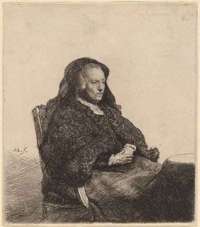 De Moeder van de Kunstenaar Zittend aan een Tafel, Kijkt Rechts door Rembrandt van Rijn