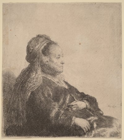 De moeder van de kunstenaar, zittend, met een oosterse hoofdtooi door Rembrandt van Rijn