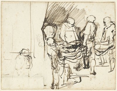 De graflegging, boven een schets van een beul door Rembrandt van Rijn