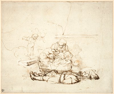 De Heilige Familie Slapend, met Engelen, 1645 door Rembrandt van Rijn