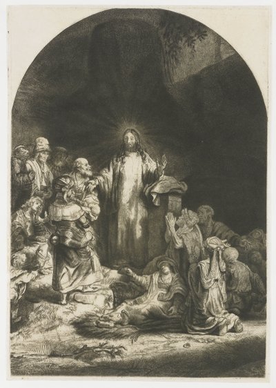 De Honderd Guldens Prent: het centrale stuk met Christus predikend, de plaat gebogen door Rembrandt van Rijn