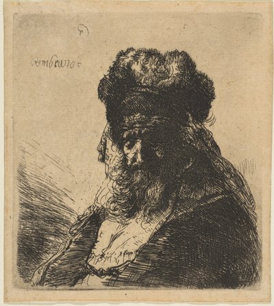 De Oude Bebaarde Man in een Hoge Bontmuts, met Gesloten Ogen door Rembrandt van Rijn