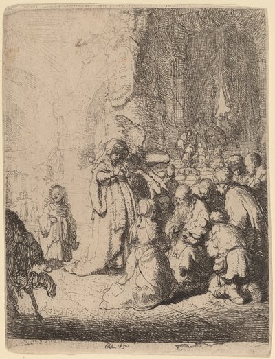 De Presentatie in de Tempel met de Engel: Kleine Plaat door Rembrandt van Rijn