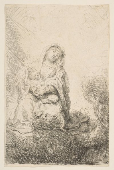 De Maagd en het Kind in de wolken door Rembrandt van Rijn