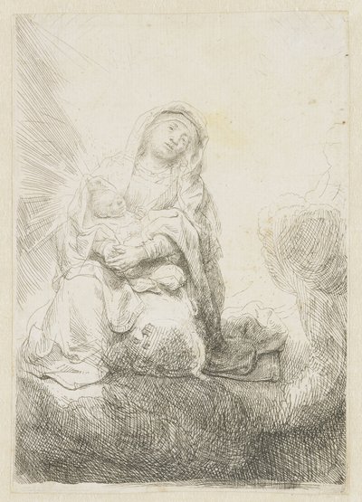 De Maagd en het Kind in de wolken door Rembrandt van Rijn