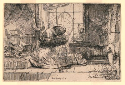 De Maagd en het Kind met de kat en Jozef bij het raam door Rembrandt van Rijn