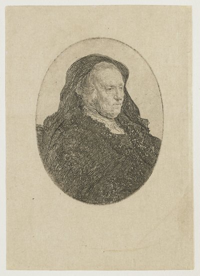 De moeder van de kunstenaar, zittend aan een tafel, kijkend naar rechts: driekwartprofiel door Rembrandt van Rijn